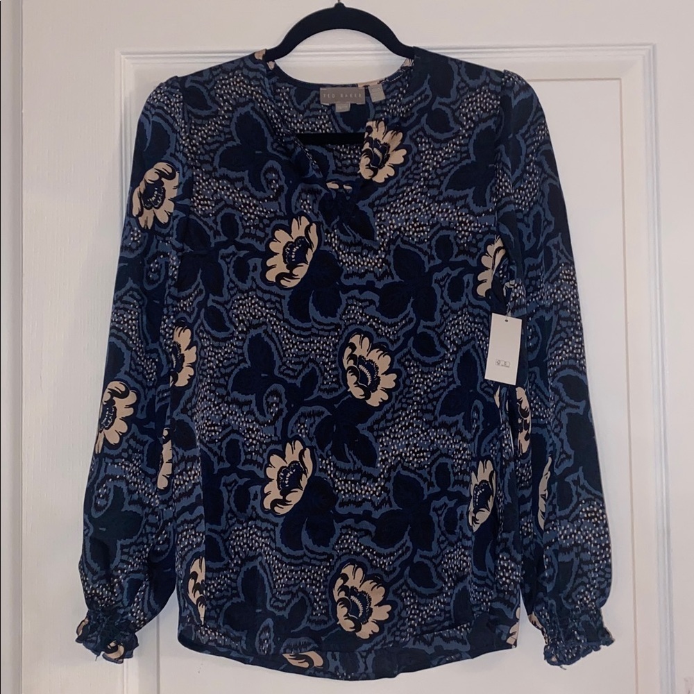 NWT Ted Baker Navy and Cream Floral Blouse Size 2 - Picture 11 of 13